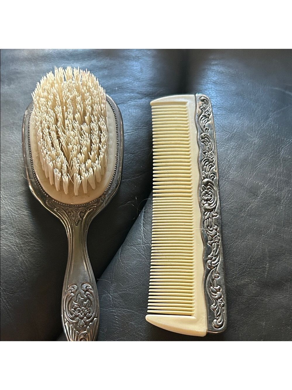 Ivory and Silver Decorative Hair Brush & Comb Set